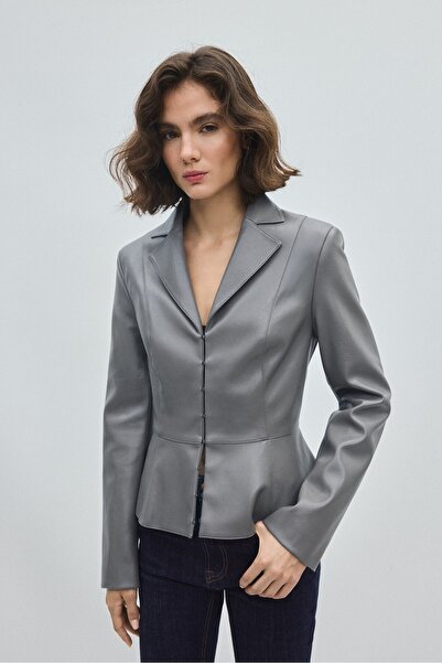 Stradivarius Peplum detaylı suni deri blazer