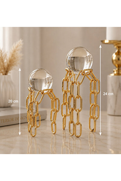 Hinora Home 2'li Kristal Küre Modern Dekoratif Obje Seti Gold Metal Salon Kon...