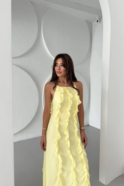 NEW STATION Women's Maxi Length Ruffled Front Sleeveless Lined Chiffon Dress