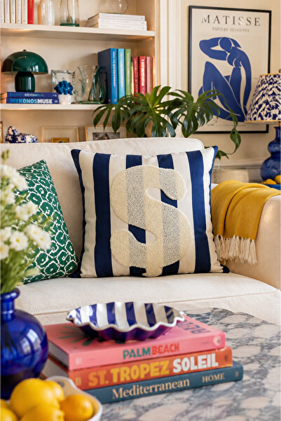 Pilloveland Punch Embroidered Throw Pillow Cover - 43*43 cm - Navy Blue Lette...
