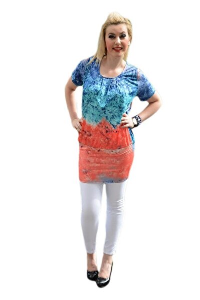 OEM Bluza lunga tip tunica, culoare bleumarin-corai, model tineresc