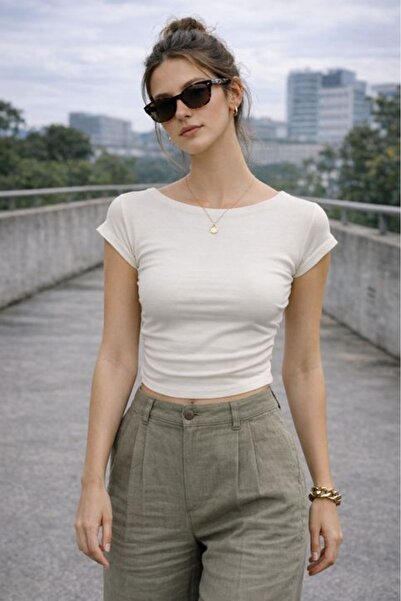 Moda Days Γυναικεία Μπλούζα Εκρού Crop με Λαιμόκοψη Βάρκα, Κοντό Μανίκι, Στεν...
