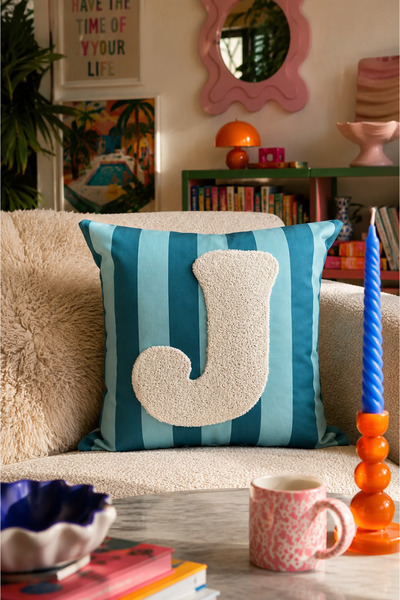 Pilloveland Punch Embroidered Throw Pillow Cover - 43*43 cm - Blue Letter J -...