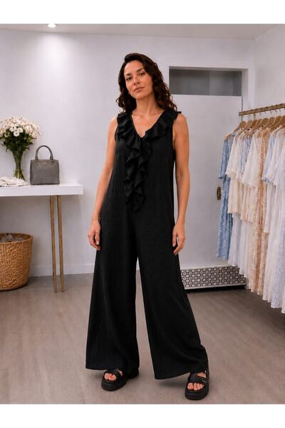 MARE BUTİK Tensel Fabric Casual Jumpsuit with Flywheel Detail - Black
