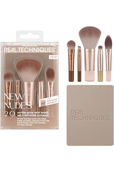Real Techniques New Nudes 2.0 On-The-Glow Mini Brush Kit + Mirrored Compact, ...