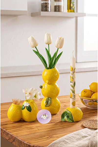 eydesignshome limon tasarım dekoratif mutfak vazo,mumluk,kürdanlık seti (3'lü...