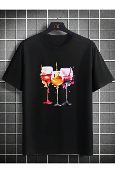 KYMC07 Design Sense Red Wine Glass Pattern Print Men's Fashion Round Neck Sho...