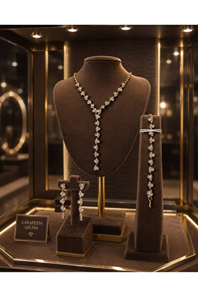 HUBANN Ahşap Hediye Kutulu Işıltılı Taşlı 3'lü Takı Seti Kolye Küpe Bileklik Gold