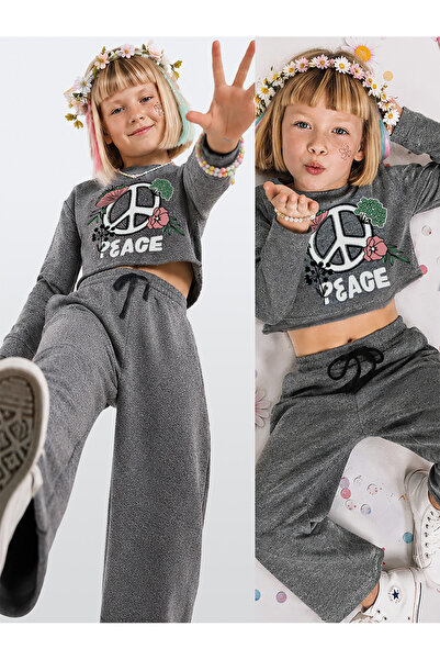 Denokids Girl's Tracksuit Set Crop Sweatshirt - Flared Sweatpants (Ages 7-12)