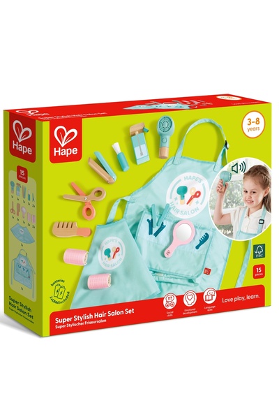 Hape Set copii din lemn, Hape, salon de coafura, 15 piese