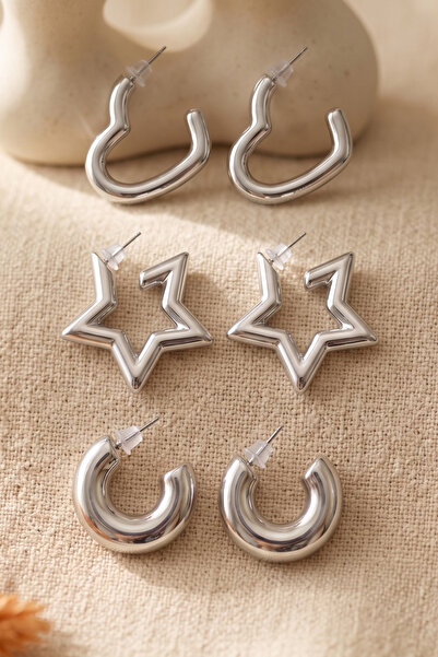Elika Silver Silver Color Triple Showy Star, Heart, Hoop Earring Set