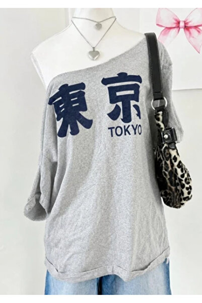 BALİNA Gri Melanj Tokyo Y2K Kısa Kollu Off Shoulder