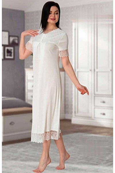 Effortt Dvina Lohusa Hamile Lace Detailed Short Sleeve Nightgown - Ecru