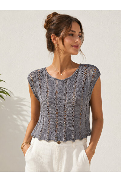 R&N HANDMADE DESIGN El Örgüsü Füme Ajurlu Yazlık Bluz – Hafif Dokulu Kolsuz T...