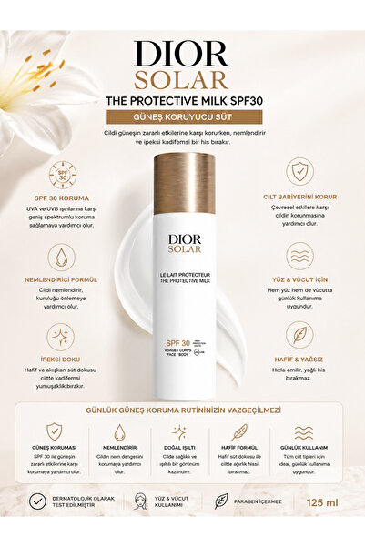 Dior Solar SPF30+ Güneş Koruyucu Süt 125 ml - Yüz & Vücut İçin Hafif Dokulu N...