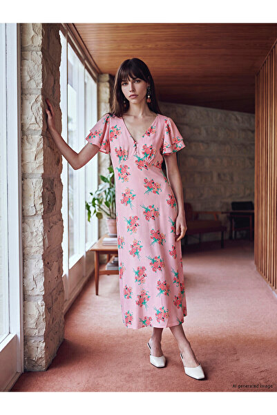 LC Waikiki Original V-Neck Floral Waist-Slit Dress