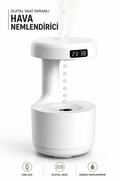 RAYLAX Su Damlacık Efektli Dijital Saatli Hava Nemlendirici USB Ultrasonik LED Işıklı Sessiz Masaüstü Nemlendirici