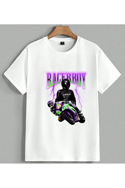 ELFERA Raceboy Motorcycle Neon Yellow Printed Unisex Oversize T-Shirt White