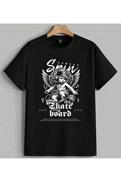 ELFERA Skate Boarded Angel Wing Printed Unisex Oversize T-Shirt Black