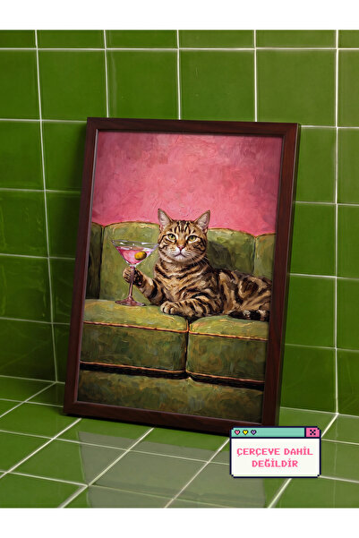 esnipix Kokteyl Tutan Kedi Poster Eğlenceli Kedi Duvar Dekoru Vintage Yağlı B...