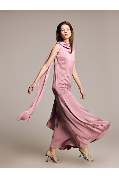 LC Waikiki Trendlucky Satin Evening Dress with Scarf Detail and Difference in...