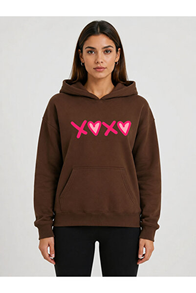 herkesemoda Xoxo Printed Hooded 2 Thread Threaded Sweatshirt