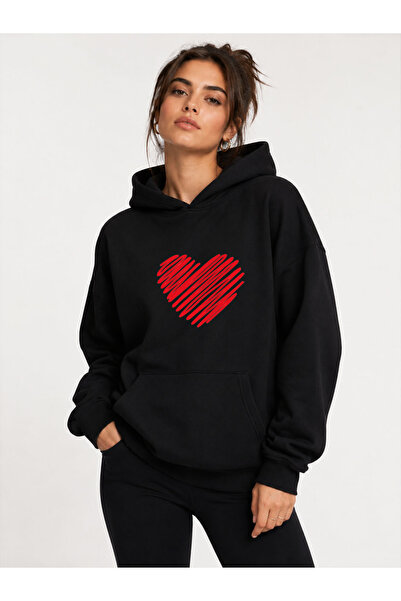 herkesemoda Red Heart Printed Hooded 2 Thread Raster Sweatshirt