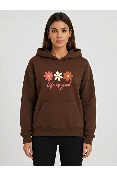 herkesemoda Floral Printed Hooded 2 Thread Threaded Sweatshirt