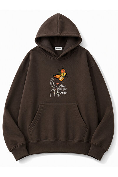 herkesemoda Portrait and Butterfly Printed Hooded 2 Thread Threaded Sweatshirt