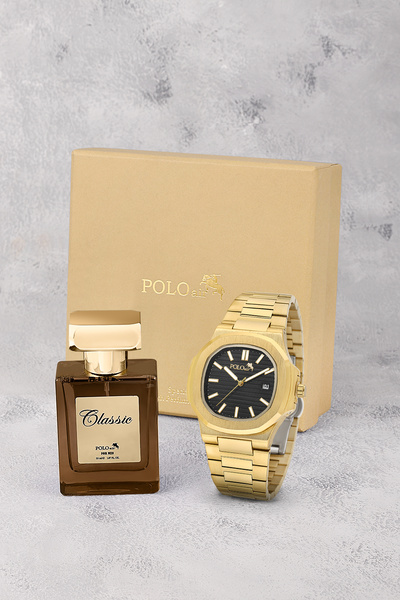 Poloair Takvimli Premium Çift Klipsli Erkek Kol Saati Ve 55 ml Parfüm Seti Go...
