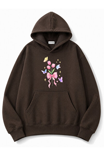 herkesemoda Tulip Flower Printed Hooded 2 Thread Threaded Sweatshirt