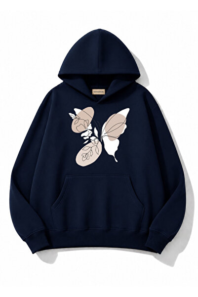herkesemoda Butterfly Printed Hooded 2 Thread Threaded Sweatshirt