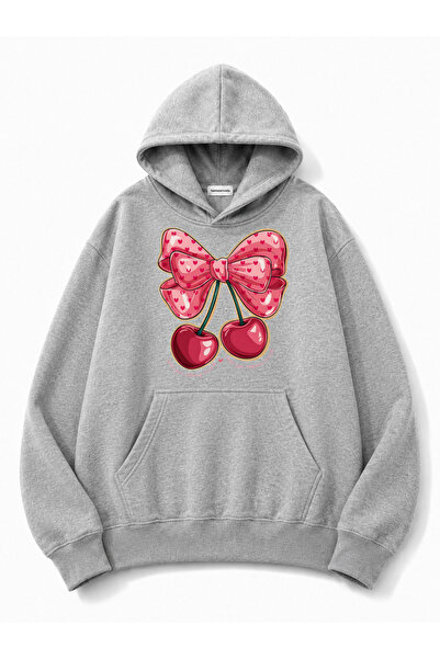 herkesemoda Ribbon Cherry Printed Hooded 2 Thread Threaded Sweatshirt