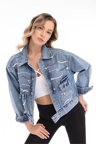 RENGARENG Women's Designer Denim Jacket with Metal Studs, Accessories and Cha...