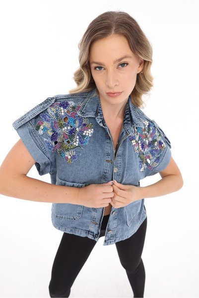 RENGARENG Women's Designer Denim Vest with Colorful Stone and Bead Detailing, Blue Oversize Fit Denim Coat