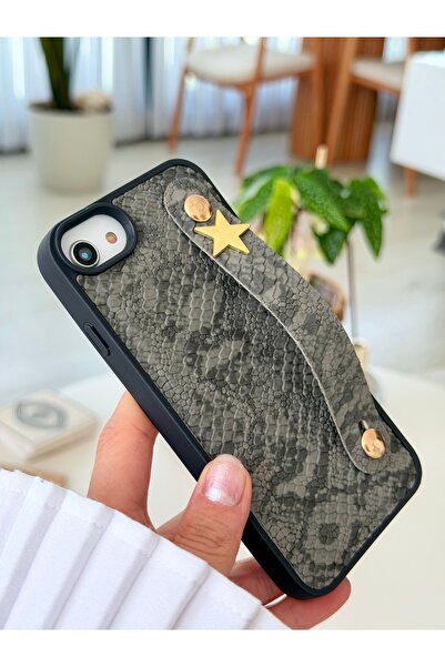 Go Aksesuar Iphone 7 - 8 - SE 2020 - SE 2022 Uyumlu Tutacaklı Yıldız Tasarımlı Deri Görünümlü Esnek Silikon Kılıf