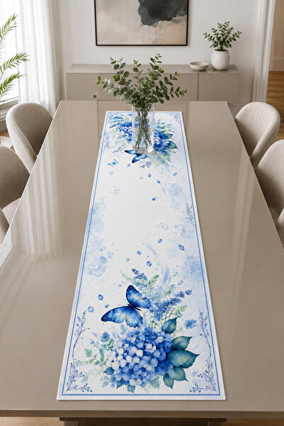 Bebişim Halı Blue Hydrangea and Butterfly Patterned Watercolor Runner Tablecl...