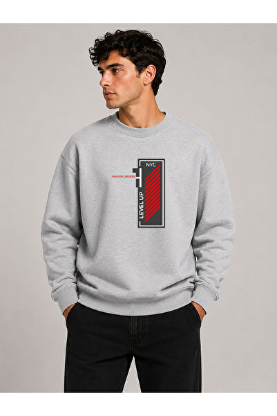 herkesemoda Level up Pattern Printed Crew Neck 2 Thread Sweatshirt