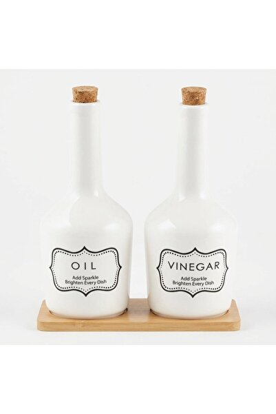 AKDC Ceramic Oil & Vinegar Bottle Set with Bamboo Tray 21 cm