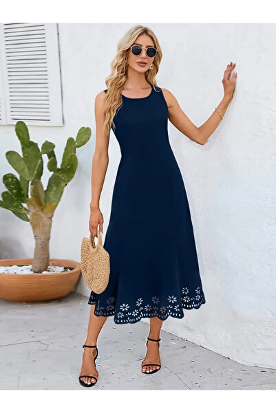 Gökyüzü Moda Women's Sleeveless Skirt with Laser Cut Floral Pattern, Midi Len...