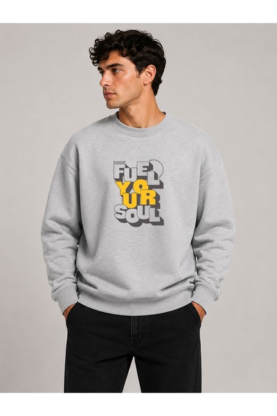 herkesemoda Fuel Your Harder Print Detailed Crew Neck 2 Thread Sweatshirt wit...