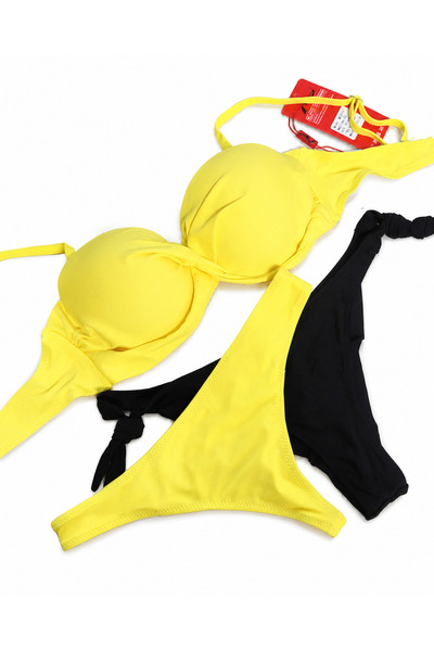 Nobrand Women's 3-Piece Neon Yellow and Black Swimsuit, Push-Up Bra with 2 Pa...