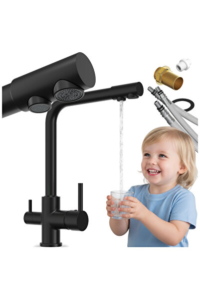 Granitan Baterie Bucatarie 3 Cai Flow, Pipa Rotativa, Negru Mat