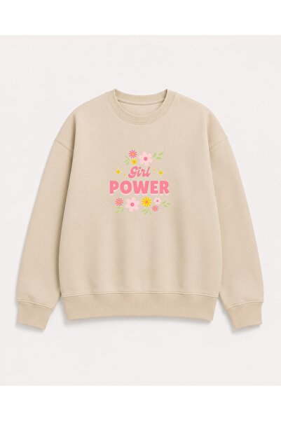 herkesemoda Power Girl Floral Print Detailed Shirred 2 Thread Crew Neck Sweat...