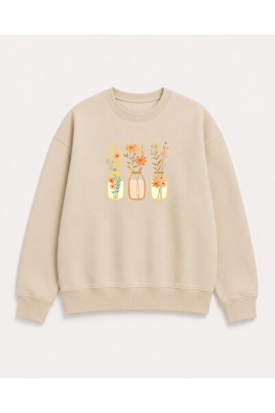 herkesemoda Jar Flower Print Detailed Embroidered 2 Thread Crew Neck Sweatshirt