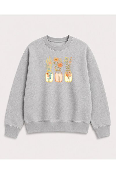 herkesemoda Jar Flower Print Detailed Embroidered 2 Thread Crew Neck Sweatshirt