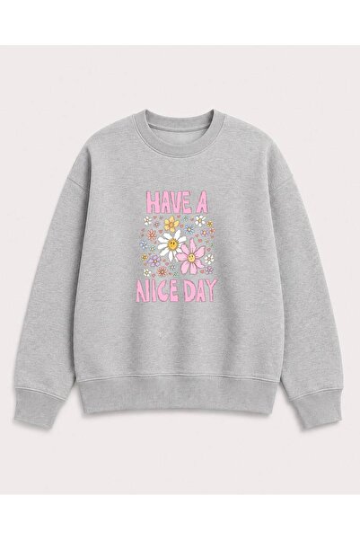 herkesemoda Emoji Flowers Printed 2 Thread Threaded Crew Neck Sweatshirt
