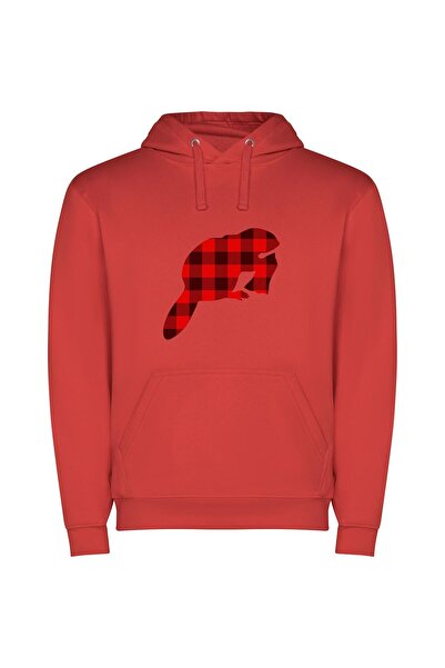 iLovePrints Plaid Lumberjack Beaver Φούτερ με κουκούλα σε χρώμα Κόκκινο
