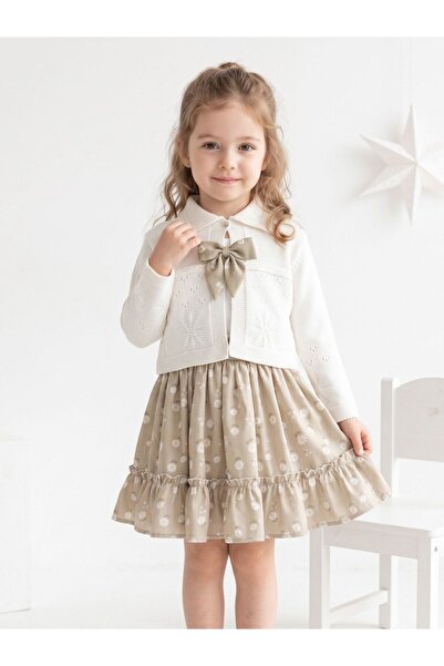 Cherrys Bebek Girl's Bow Detailed Floral Patterned Dress and Cardigan Set