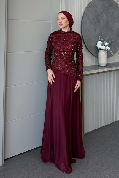 Şule Giyim Midnight Sequin Evening Dress Burgundy